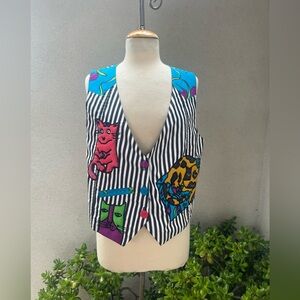 Vintage kitsch vest cat theme silk unisex Men Small Wm Medium by Silkscapes